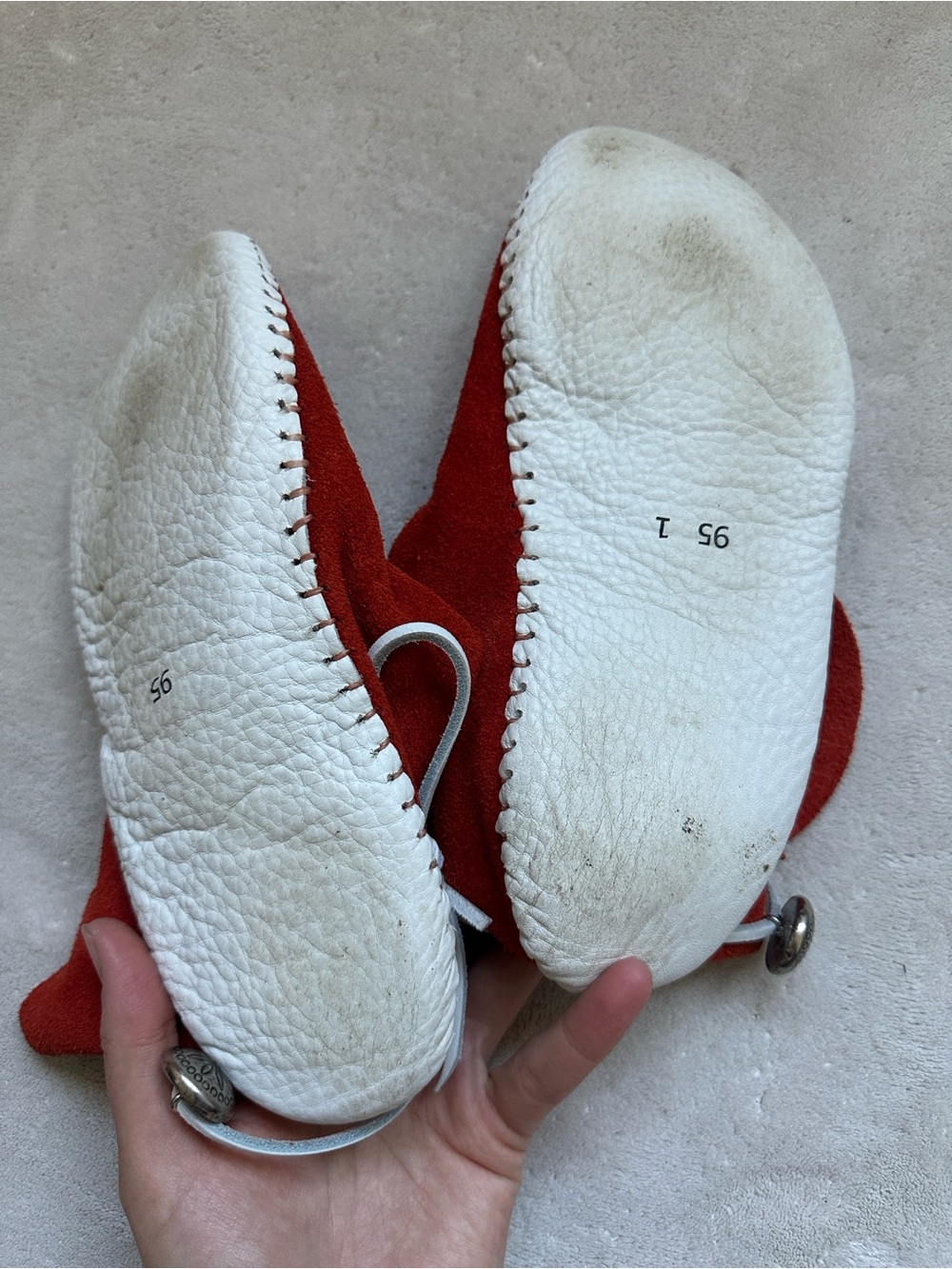 Rust Red Suede Moccasin Flats with White Lacing - Picture 11 of 13